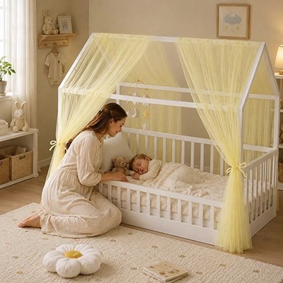 Ciel de lit enfant | Esthétique Confort Jaune avec maman qui regarde dort bébé dans le berceau