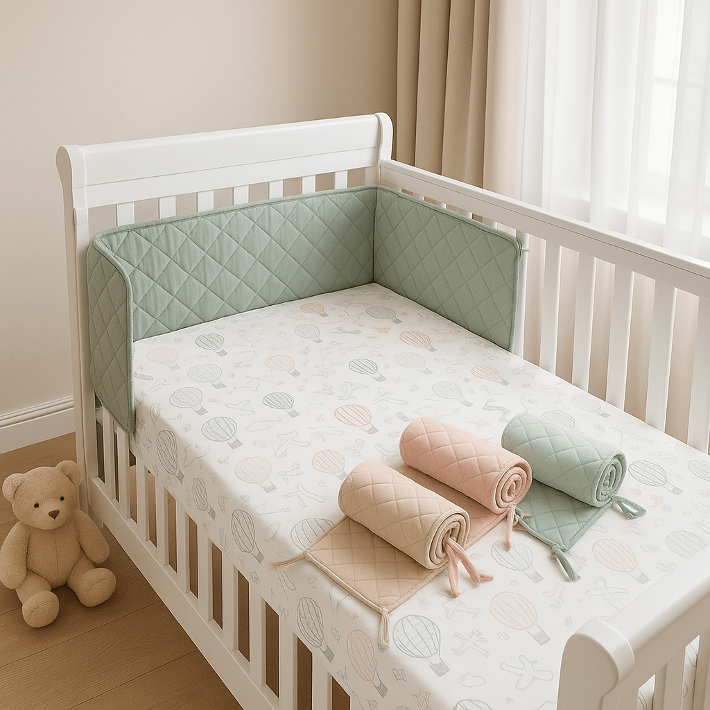 Tour de lit bébé Contour Vert dans un berceau à côté de la fenêtre
