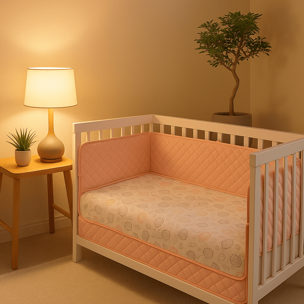 Tour de lit bébé Contour Rose dans le berceau avec une lampe de chevet