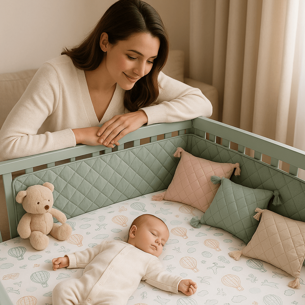 Tour de lit bébé Contour Vert avec maman qui regarde bébé dormir