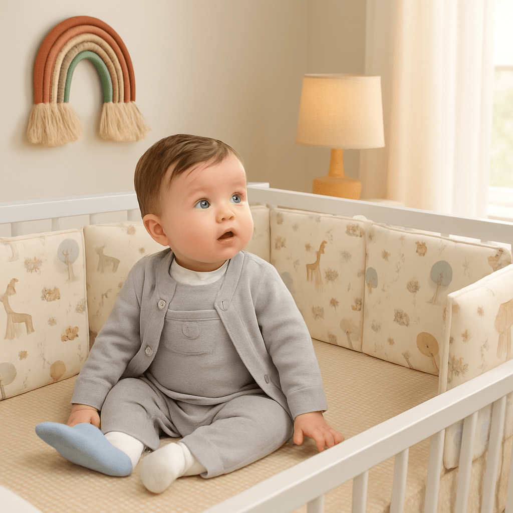 Tour de lit bebe Douceur kaki avec un petit garçon assis dans le berceau