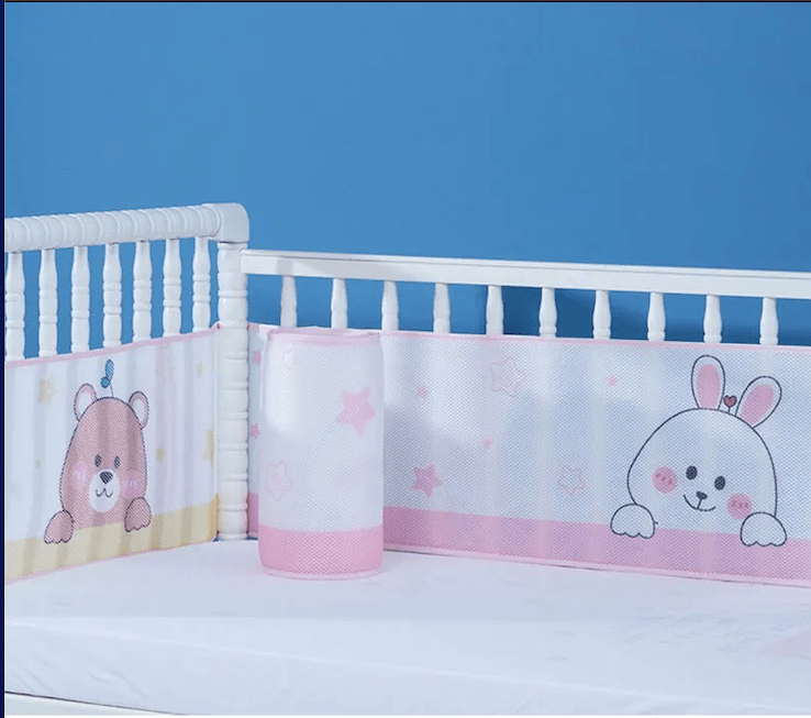 Tour de lit Respirant Soyeux Blanc Rose avec images de lapin et ourson