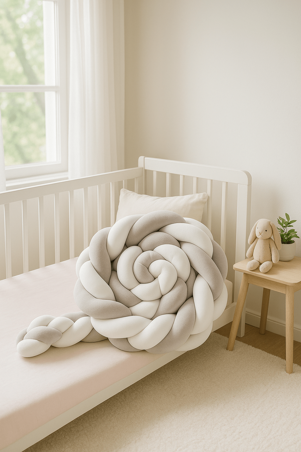 Tour de Lit Bebe - CozyKnot™ - Blanc Gris enroulé dans un berceau