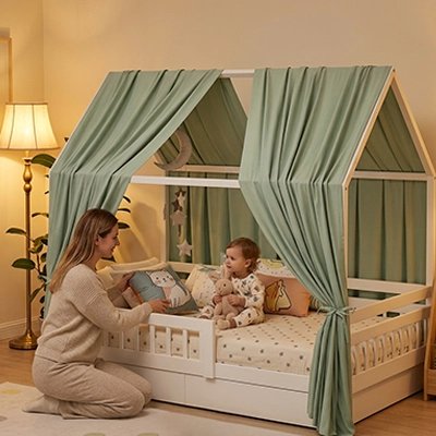Ciel de lit - cabane | Nuits Magiques Vert avec maman assise devant le lit de bébé