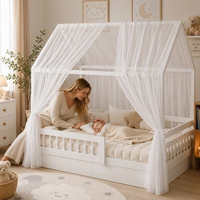 Ciel de lit enfant | DouxSommeil Blanc avec maman qui regarde bébé dans son lit