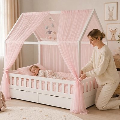 Ciel de lit enfant | DouxSommeil Rose avec maman à côté du lit