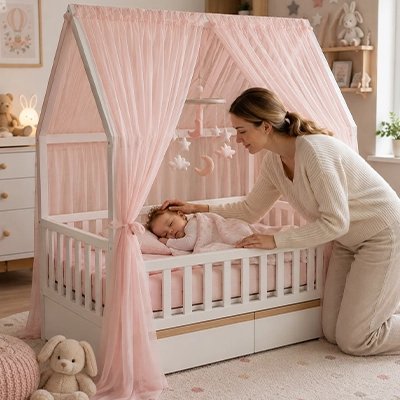 Ciel de lit enfant | DouxSommeil Rose avec maman qui caresse bébé dans son lit