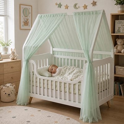 Ciel de lit enfant | DouxSommeil Vert avec bébé qui dort dans son berceau