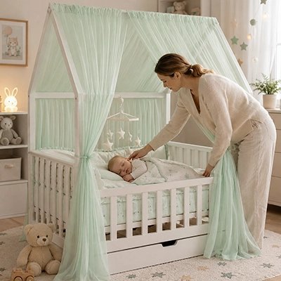 Ciel de lit enfant | DouxSommeil Vert avec maman qui couvre bébé dans son lit