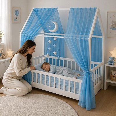 Ciel de lit enfant | Esthétique Confort Bleu avec bébé qui dort dans le berceau 