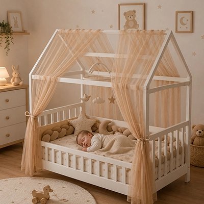 Ciel de lit enfant | Esthétique Confort Caramel avec bébé qui dort dans le berceau 