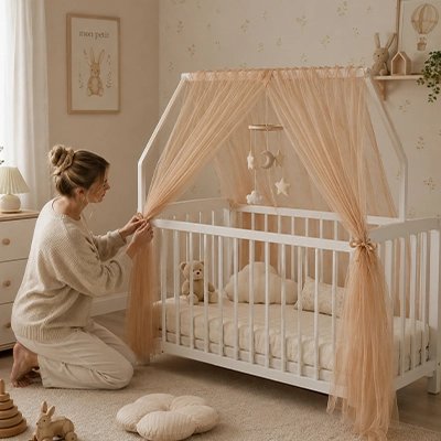 Ciel de lit enfant | Esthétique Confort Caramel avec maman à côté du berceau 