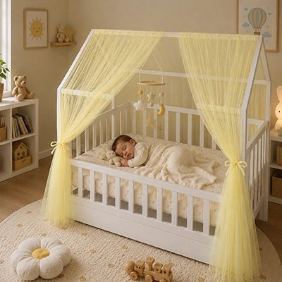 Ciel de lit enfant | Esthétique Confort Jaune avec bébé qui dort dans le berceau 