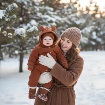Combinaison pilote bébé | Cocon Douillet Marron avec maman debout qui tient bébé dans les bras   