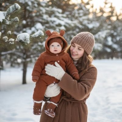 Combinaison pilote bébé | Cocon Douillet Marron avec maman debout qui tient bébé dans les bras   