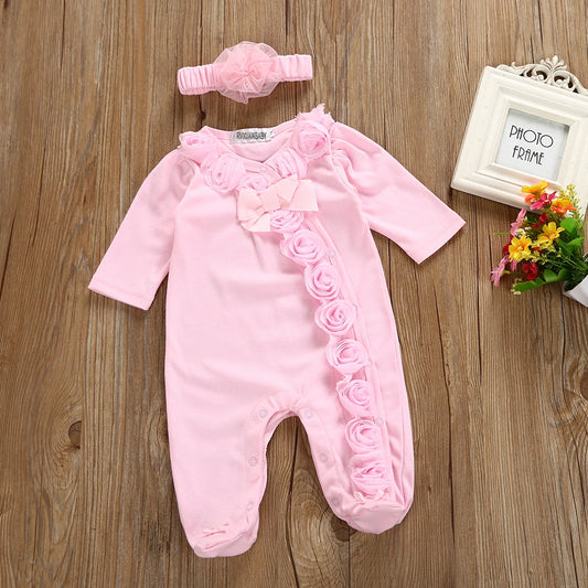 Combinaison pour bebe | Coton Élégant Rose avec bandeau sur le plancher