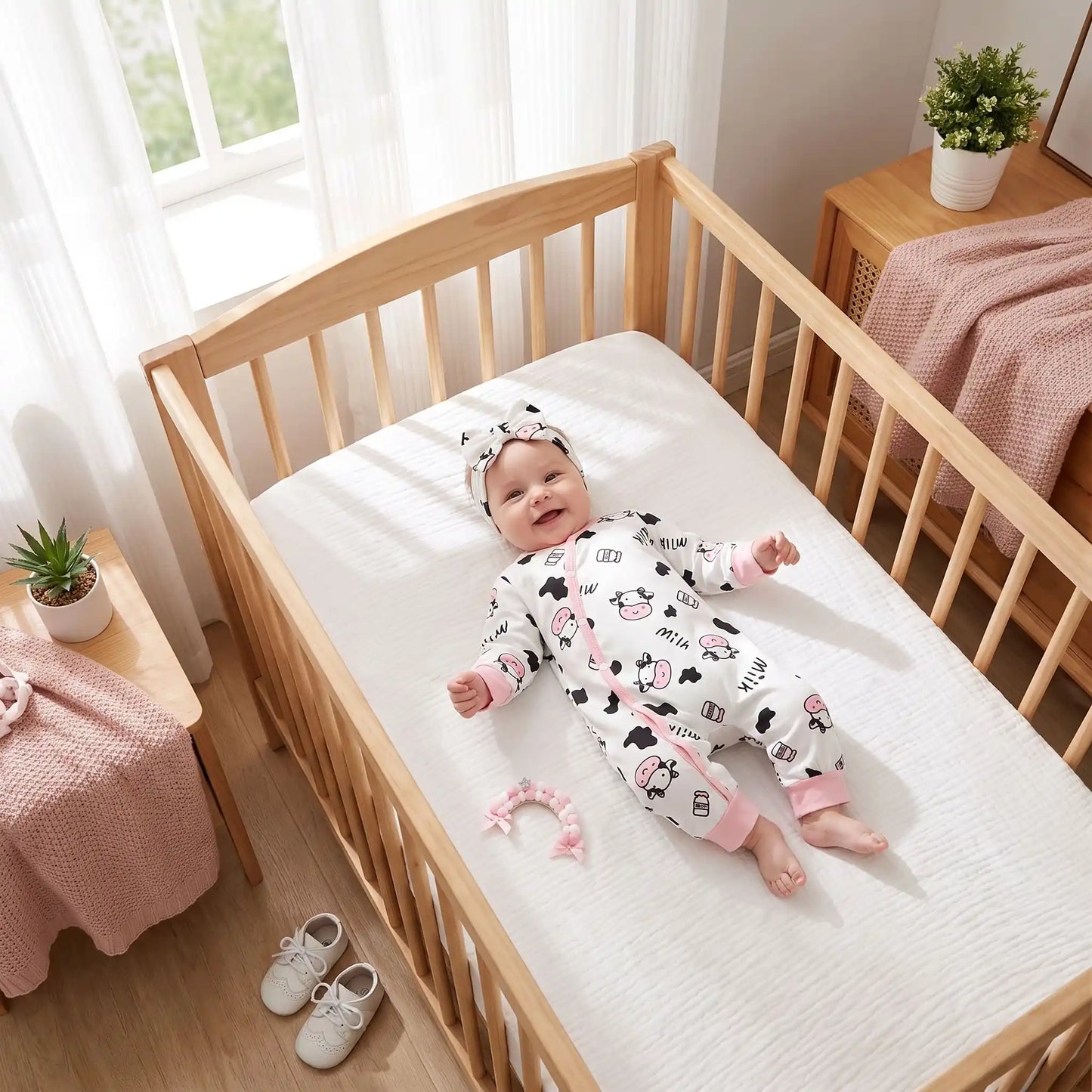 Combinaison pour bebe | Motif Vache Douce avec bébé qui est couché dans le berceau