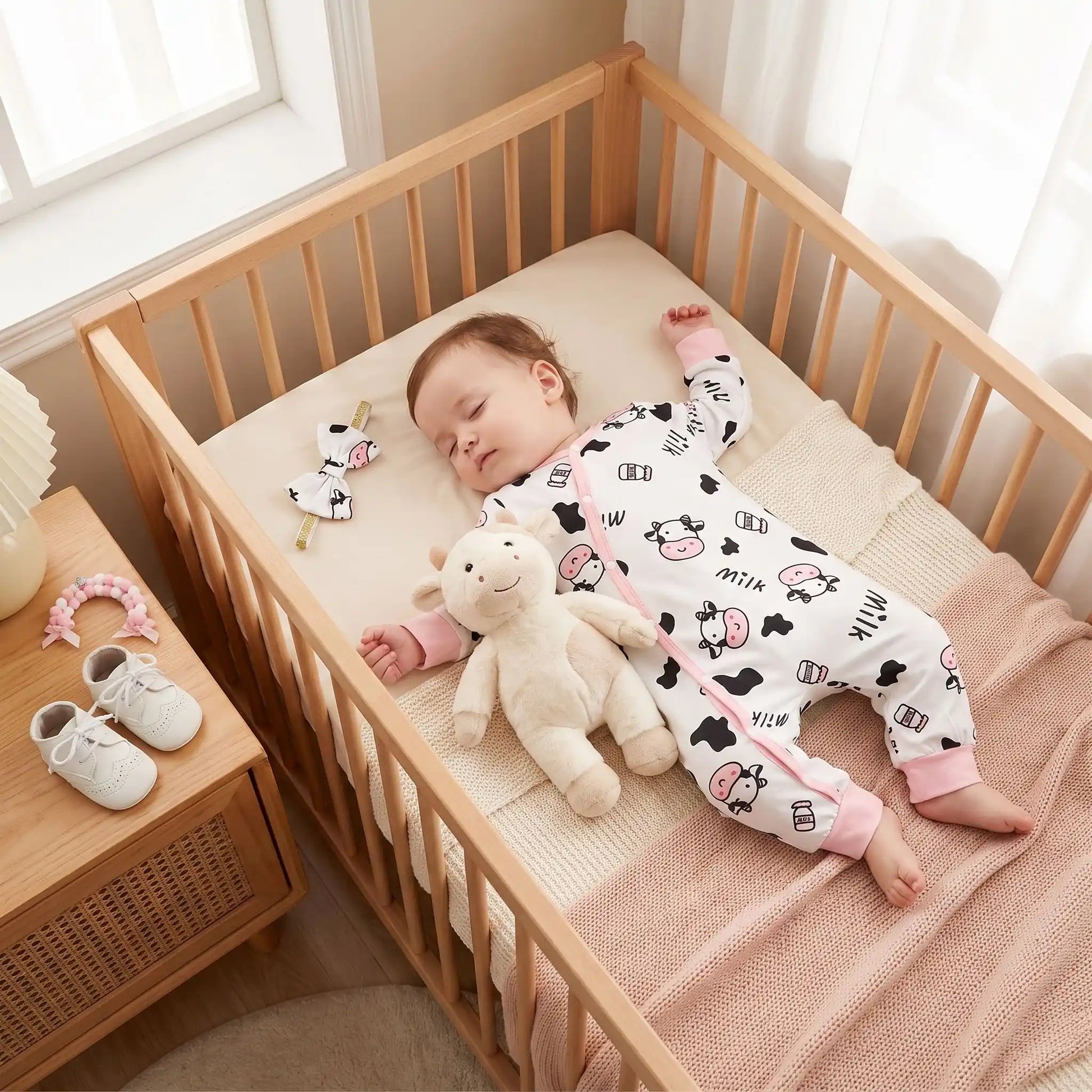 Combinaison pour bebe | Motif Vache Douce avec bébé qui dort dans son berceau
