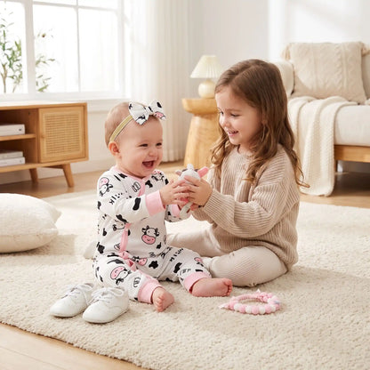 Combinaison pour bebe | Motif Vache Douce avec bébé qui joue avec sa soeur