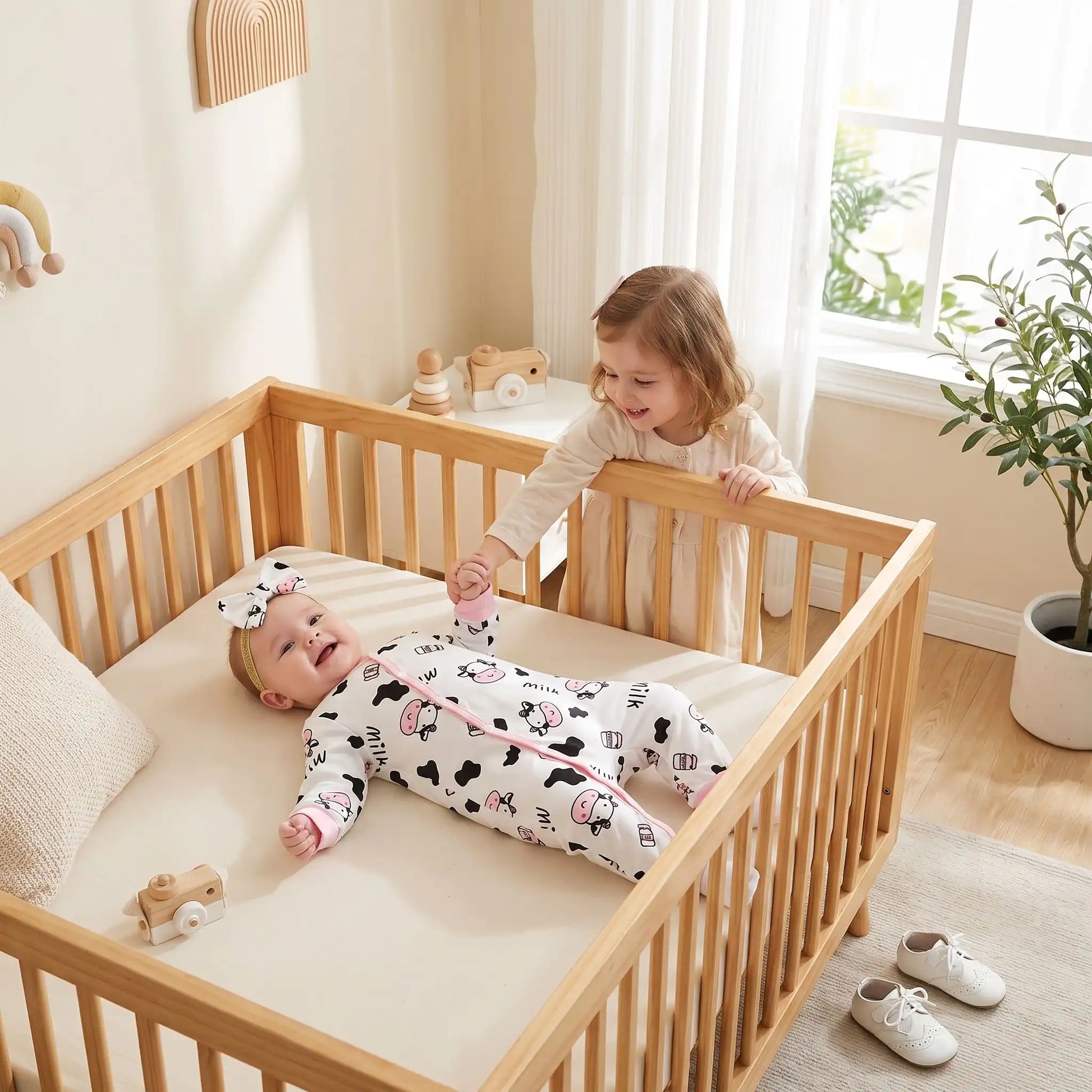 Combinaison pour bebe | Motif Vache Douce avec la fillette qui tient la main de bébé dans le berceau