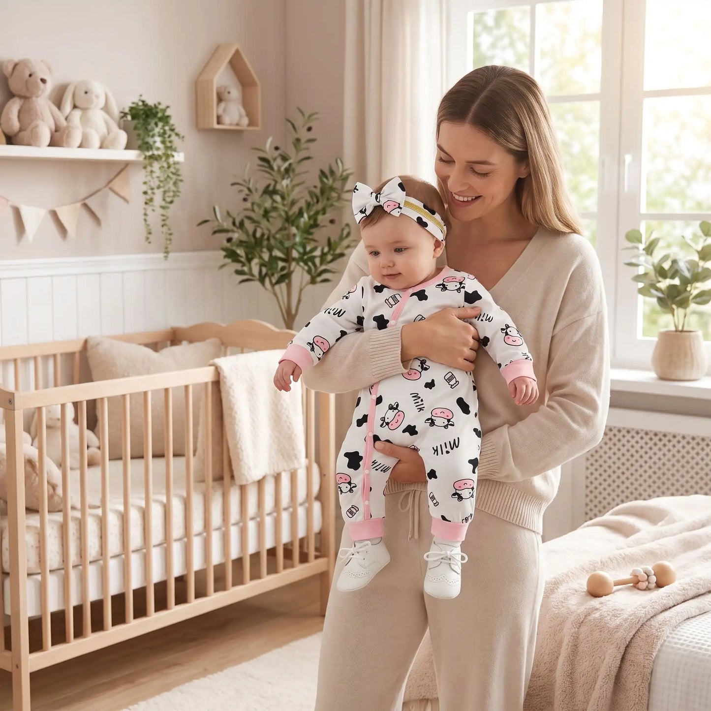 Combinaison pour bebe | Motif Vache Douce avec maman qui porte bébé dans ses bras