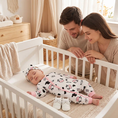 Combinaison pour bebe | Motif Vache Douce avec papa et maman qui regardent bébé dormir