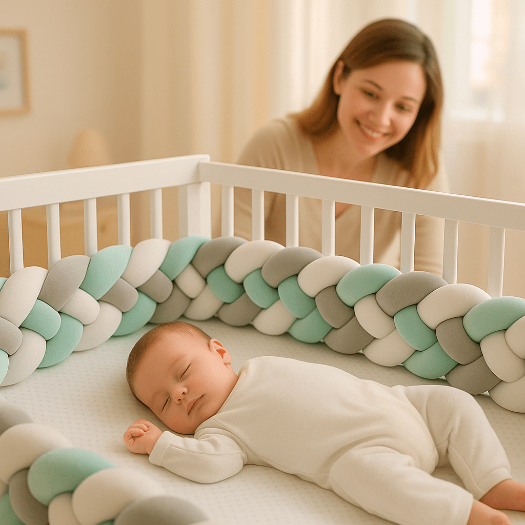 Tour de Lit Bebe-CozyKnot Vert Blanc avec bébé qui dort dans le berceau et maman qui le regarde