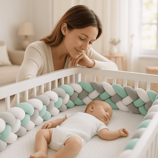 Tour de Lit Bebe CozyKnot Vert Blanc avec maman qui regarde bébé qui dort