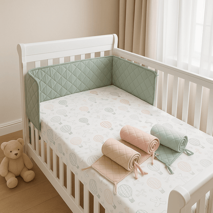Tour de lit bébé Contour Vert dans un berceau à côté de la fenêtre