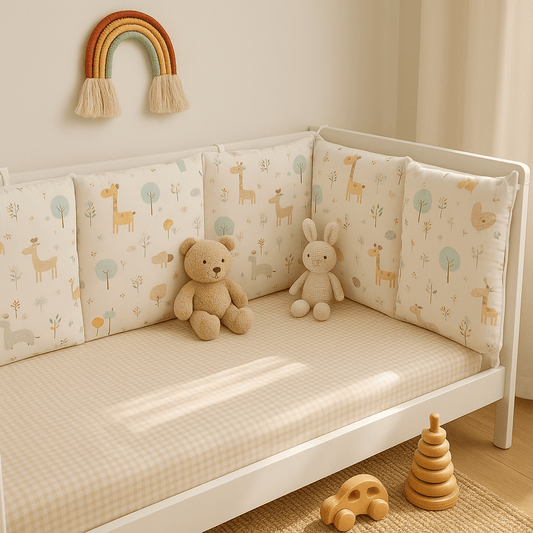 Tour de lit bebe Douceur kaki avec deux peluches dans le berceau