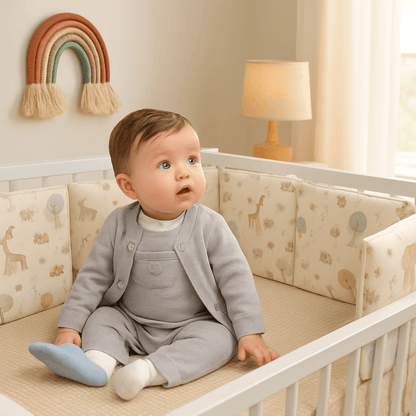 Tour de lit bebe Douceur kaki avec un petit garçon assis dans le berceau