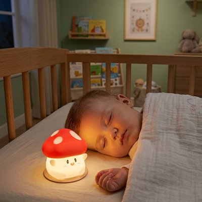 Veilleuse bébé | Lumière Douce Apaisante posée à côté de bébé